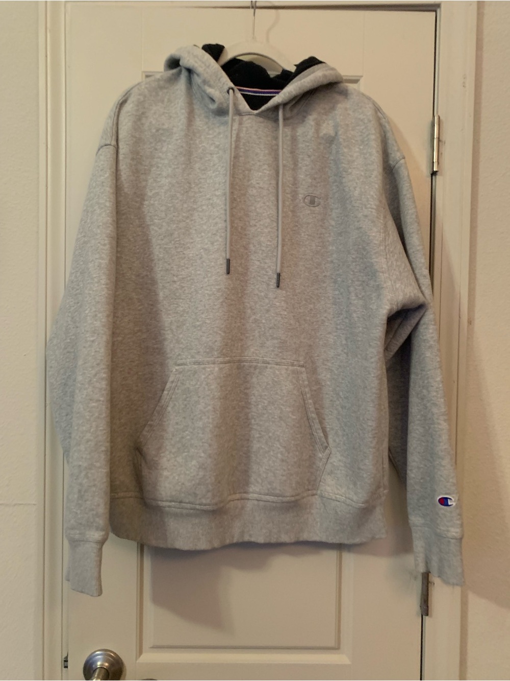 Champion Light Gray Pullover Hoodie with Chest & Sleeve Logo